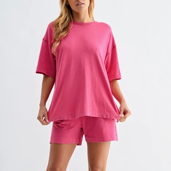 Mono B Tops - Women’s Premium Cotton Lounge Set-Oversized T-Shirt & shorts, Plum Pink, Soft